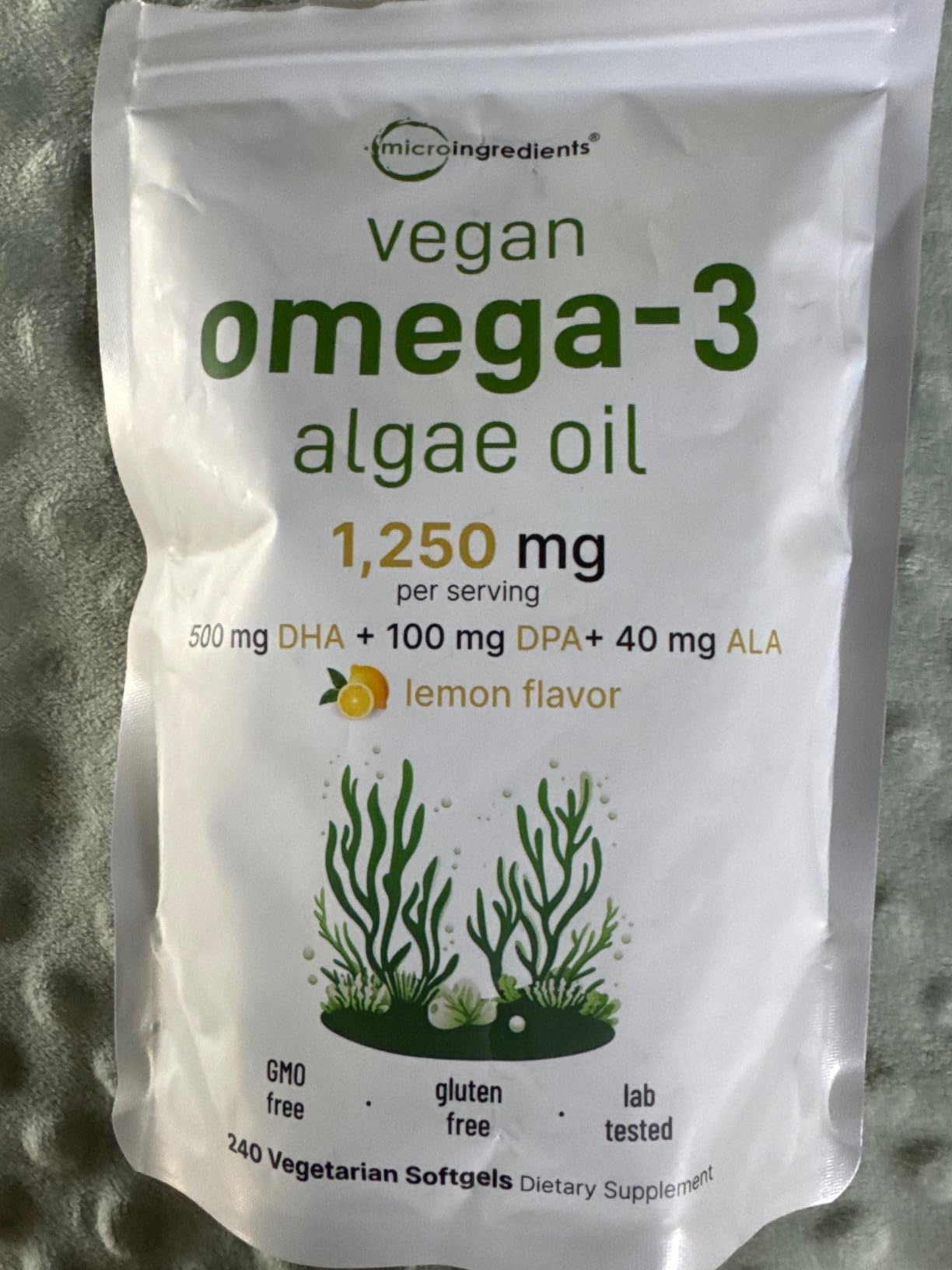 Micro Ingredients Vegan Omega 3 Algae Oil, 240 Veggie Softgels | Fish Oil Alternative | DHA 500mg & DPA 100mg | Carrageenan Free | Plant-Based Omega 3 with Flaxseed & ALA | Lemon Flavored customer photo 2