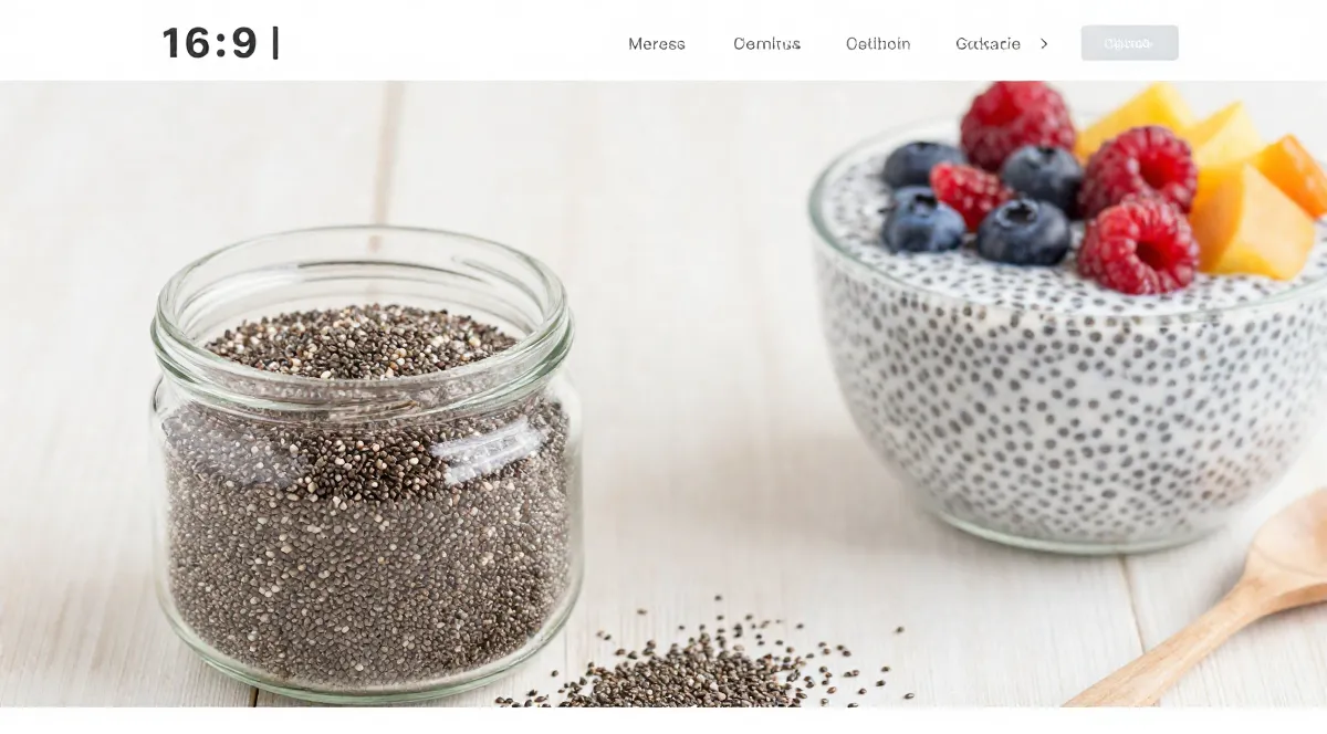 Bowl of chia pudding with fresh berries beside chia seeds in a wooden bowl and glass jar