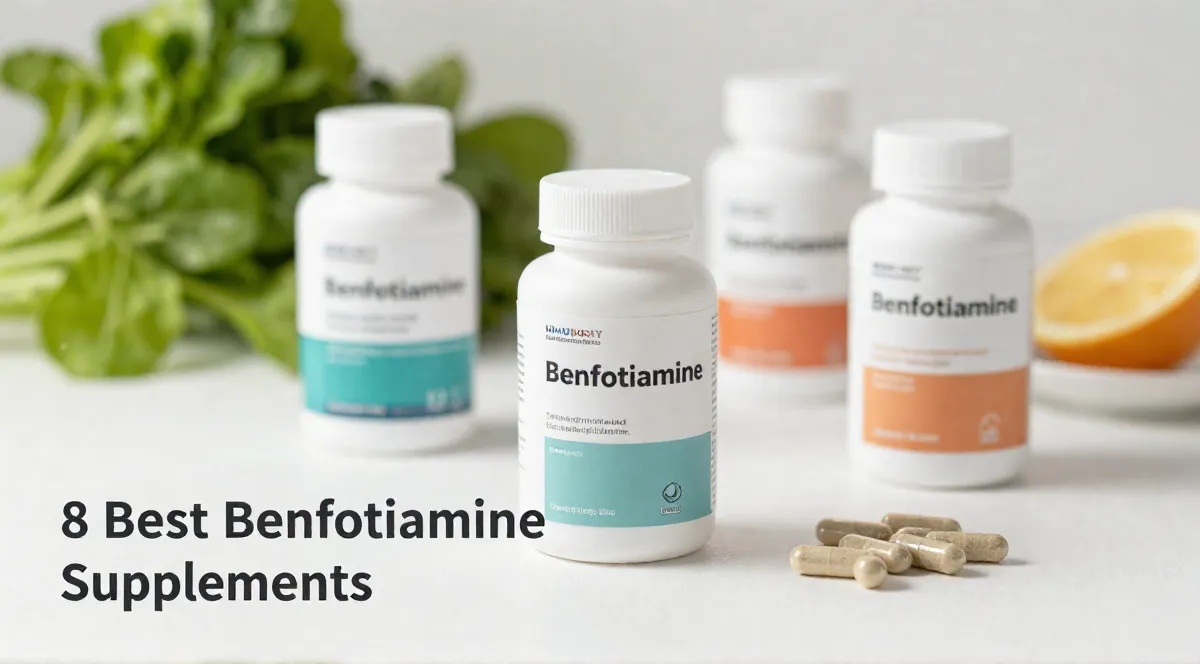 Unbranded benfotiamine supplement bottles and capsules arranged on a clean wellness surface