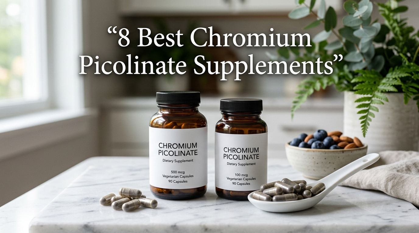 Chromium picolinate supplement capsules and bottles arranged on a clean marble surface with natural elements