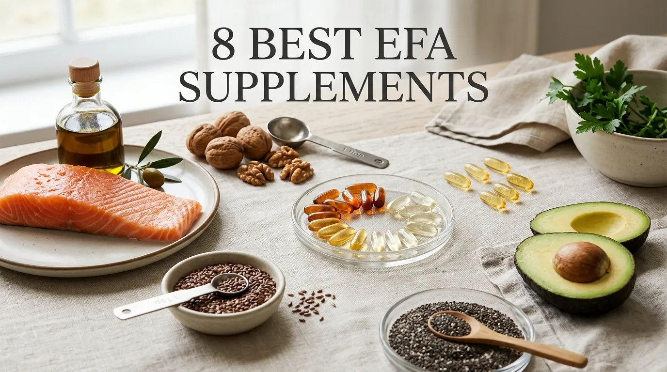 Essential fatty acid supplements displayed with salmon, walnuts, chia seeds, flaxseeds, avocado, and olive oil