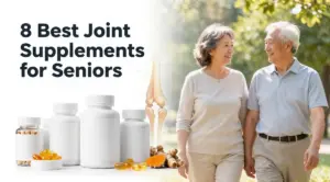 Senior couple walking outdoors beside joint-support supplement bottles and a subtle knee and hip illustration