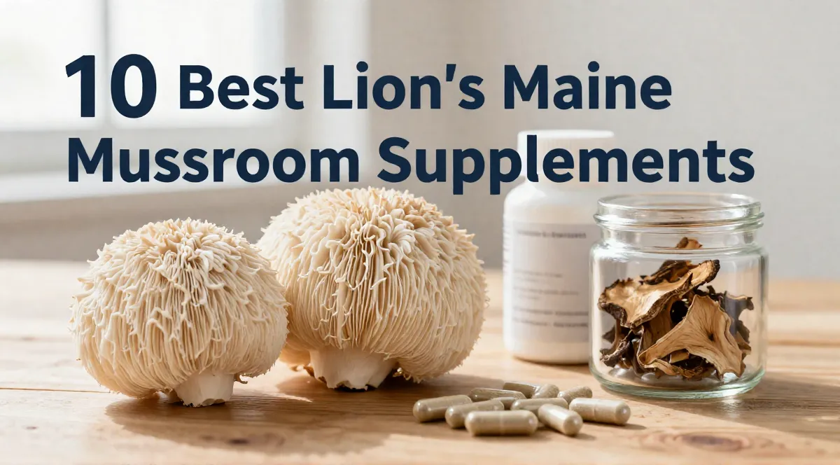 Fresh Lion’s Mane mushrooms with supplement capsules and dried mushroom pieces arranged on a wooden surface