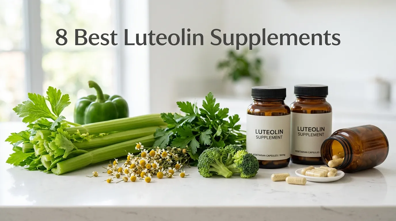 Luteolin-rich foods and unbranded supplement capsules arranged on a clean surface for a health article