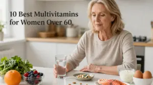 Woman over 60 with multivitamin tablets, water, and nutrient-rich foods on a kitchen table