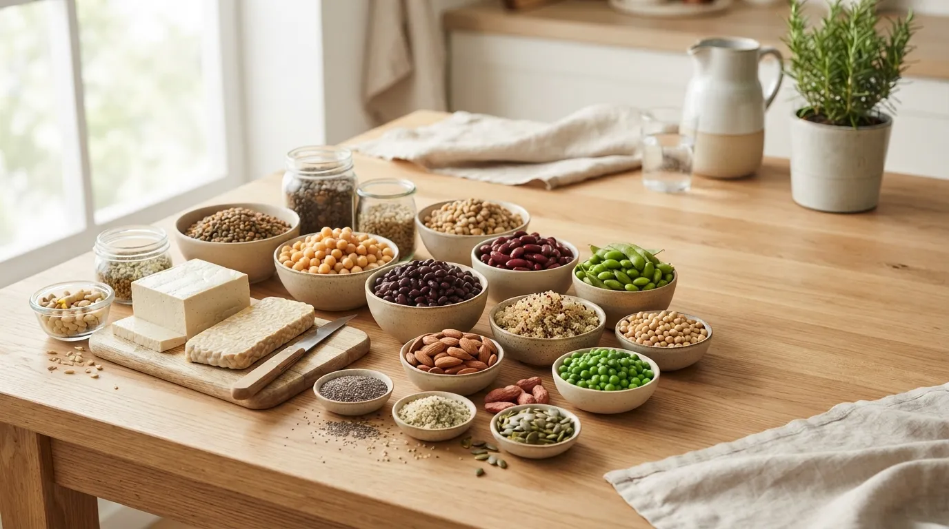 Assortment of 15 plant-based protein foods including tofu, tempeh, lentils, beans, edamame, quinoa, seeds, and nuts