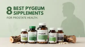 Pygeum supplement bottles and capsules displayed with African plum tree bark and botanical elements for prostate health