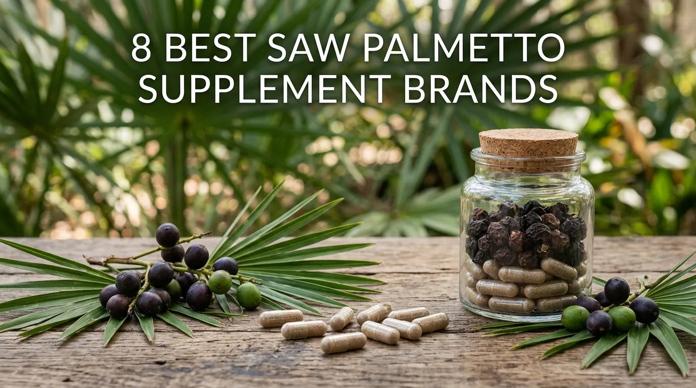 Saw palmetto berries, green leaves, and supplement capsules arranged for a comparison of saw palmetto supplement brands