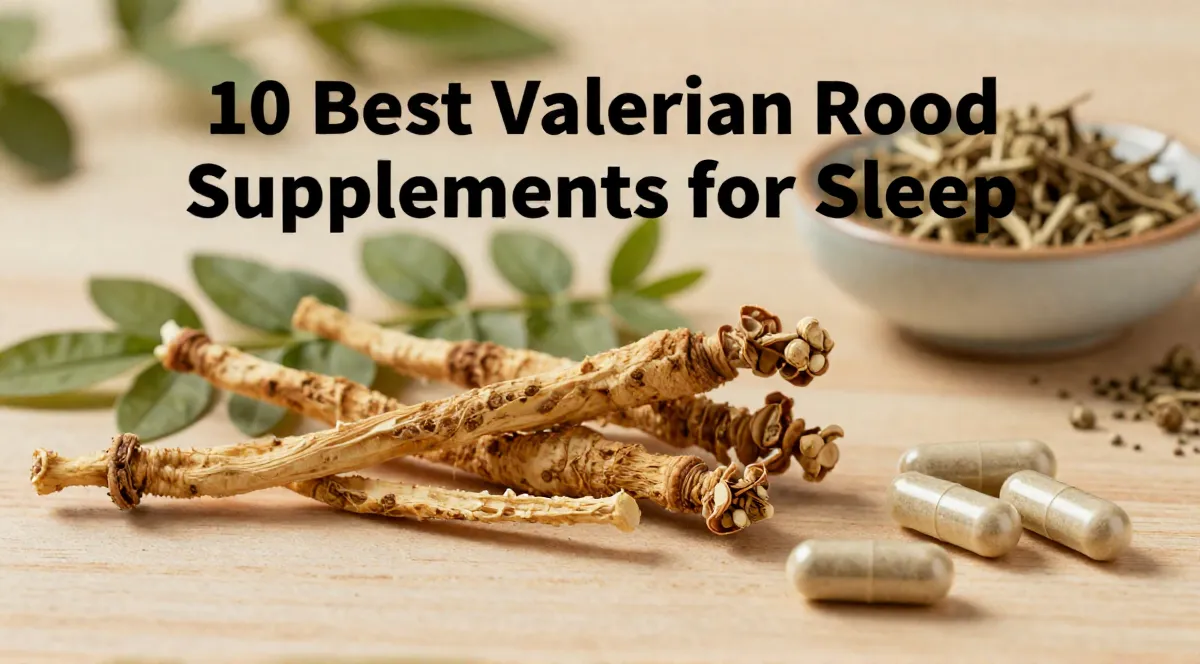 Dried valerian root, valerian plant, and unbranded supplement capsules arranged on a wooden surface for a sleep supplement article