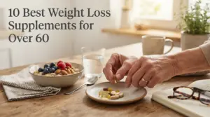 Older adult wellness scene with supplement capsules, healthy foods, and water on a kitchen table