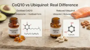 Realistic comparison of CoQ10 and ubiquinol supplements with health foods and molecular-inspired visuals