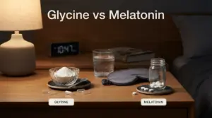 Realistic glycine powder and melatonin tablets arranged side by side on a bedside table for a sleep supplement comparison