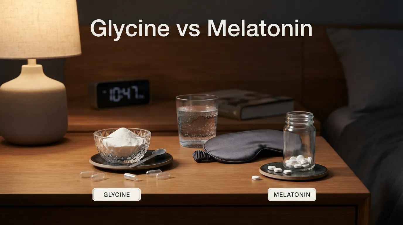 Realistic glycine powder and melatonin tablets arranged side by side on a bedside table for a sleep supplement comparison