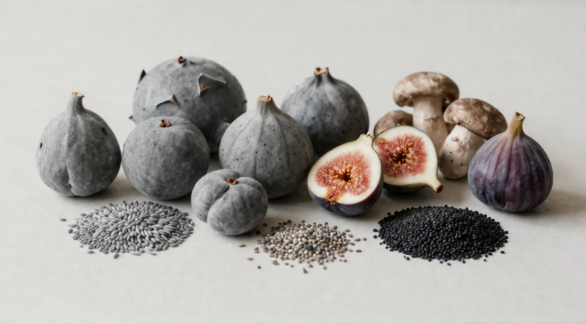 Assortment of naturally gray foods and gray fruits arranged together on a tabletop