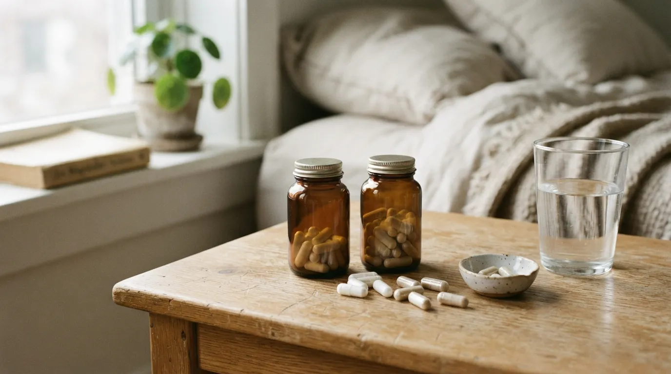 Realistic photograph of two unbranded magnesium supplement bottles with capsules, water glass, and wellness items on a wooden bedside table