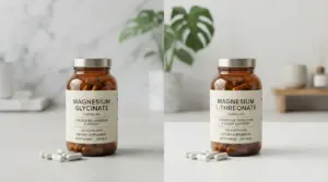 Magnesium glycinate and magnesium threonate supplements displayed side by side in a clean wellness comparison setting