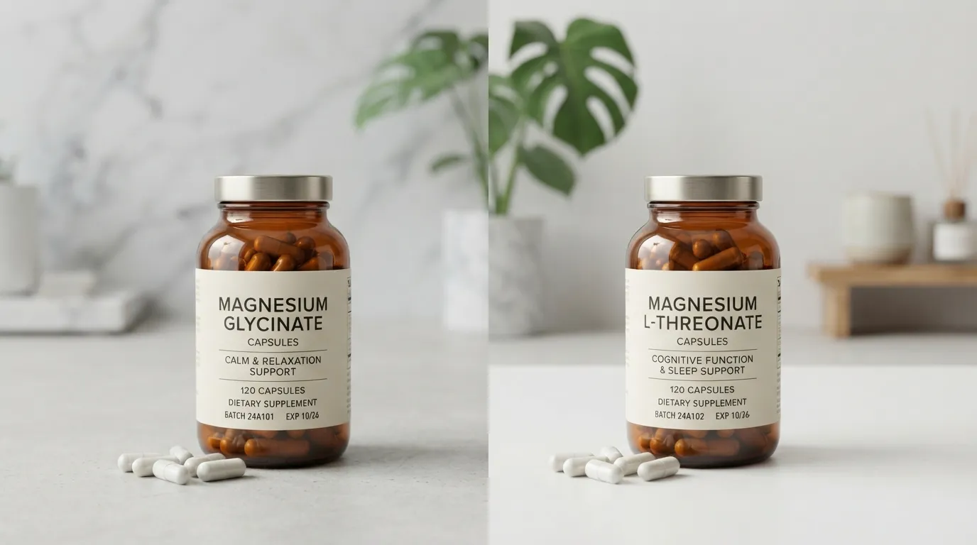 Magnesium glycinate and magnesium threonate supplements displayed side by side in a clean wellness comparison setting