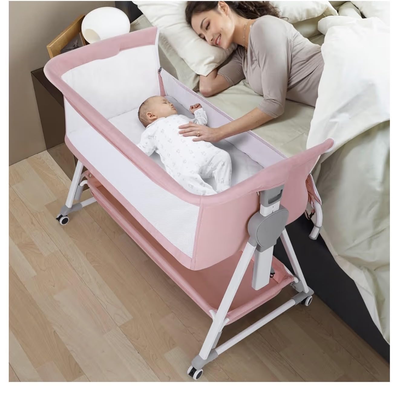 Cowiewie Bassinet Bedside Sleeper, Baby Bassinet with 7 Adjustable Height, Bedside Bassinet for Baby with Storage, Breathable Mesh & Mattress, Portable Bassinet Easy Folding (Pyramid Light Gray) customer photo 1