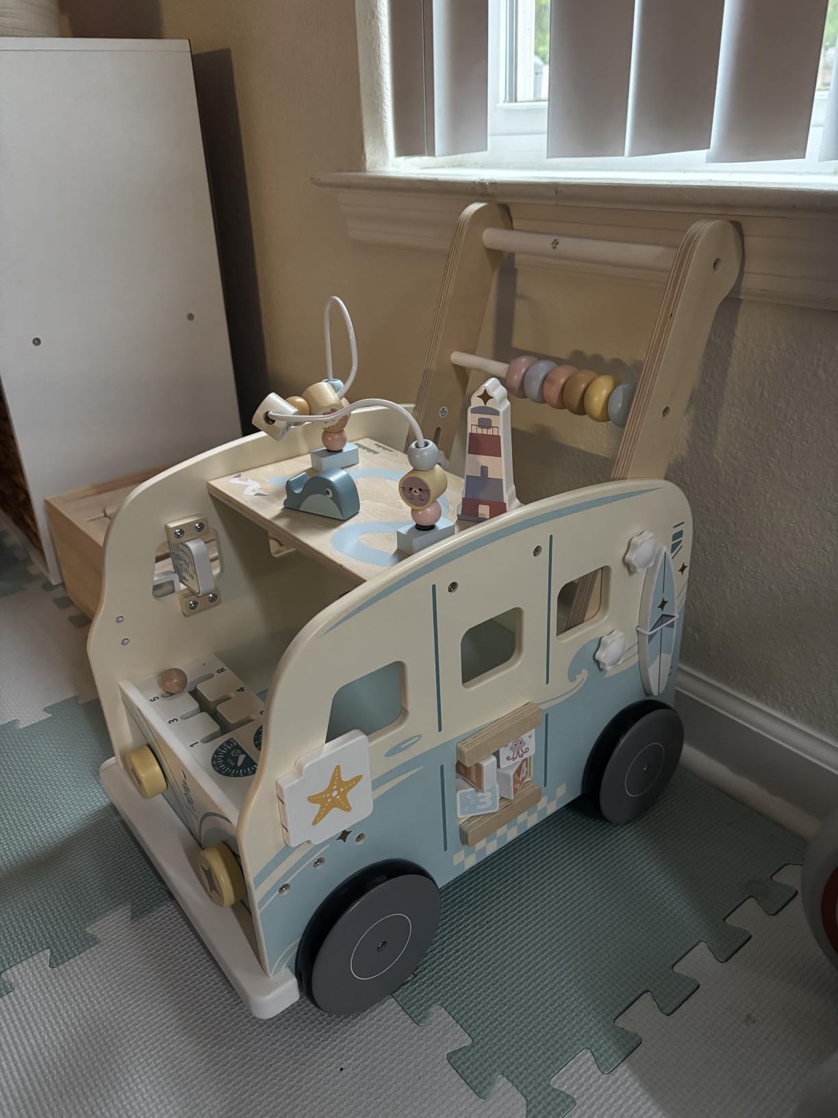 ROBOTIME Wooden Baby Walker, Baby Push Walker, Baby Activity Center Toys, Ajustable Speed Multi-Functional Baby Walker with Wheels for Boys and Girls(Vacation Bus) customer photo 1