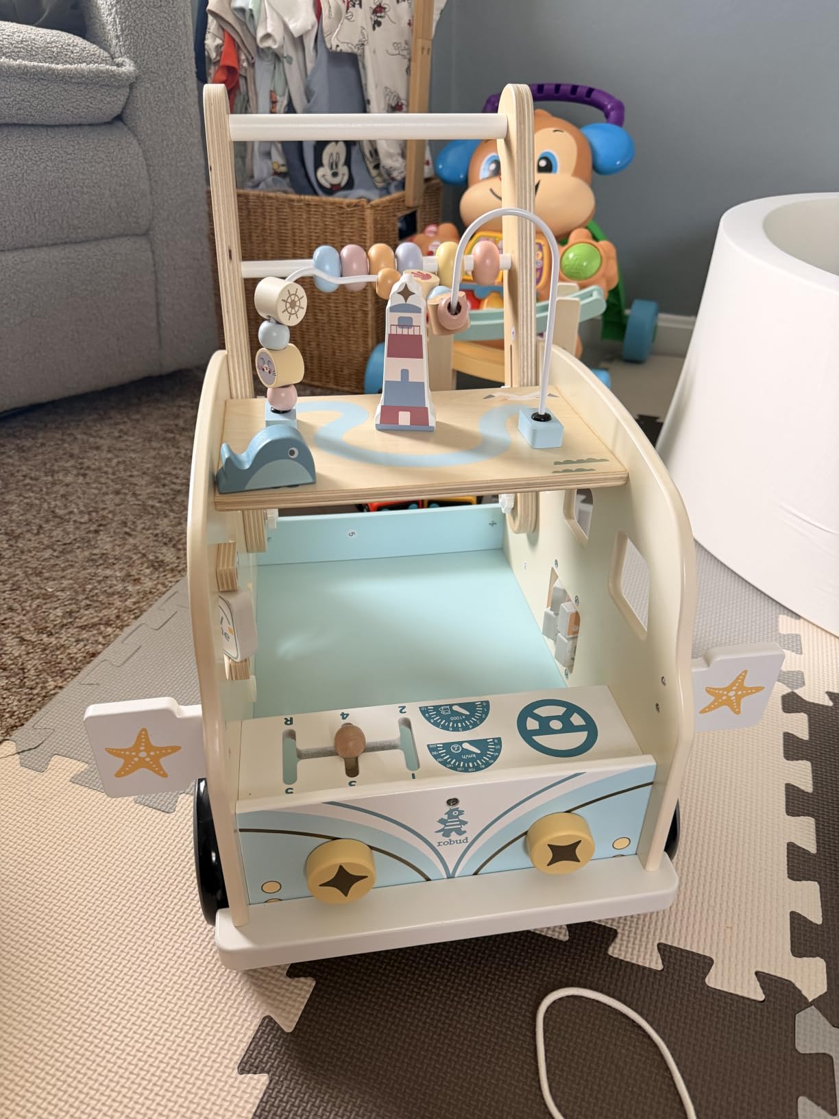ROBOTIME Wooden Baby Walker, Baby Push Walker, Baby Activity Center Toys, Ajustable Speed Multi-Functional Baby Walker with Wheels for Boys and Girls(Vacation Bus) customer photo 2