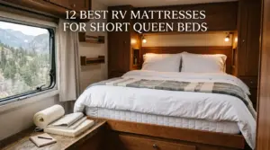 Cozy RV bedroom with a short queen mattress, white bedding, and compact sleeping space